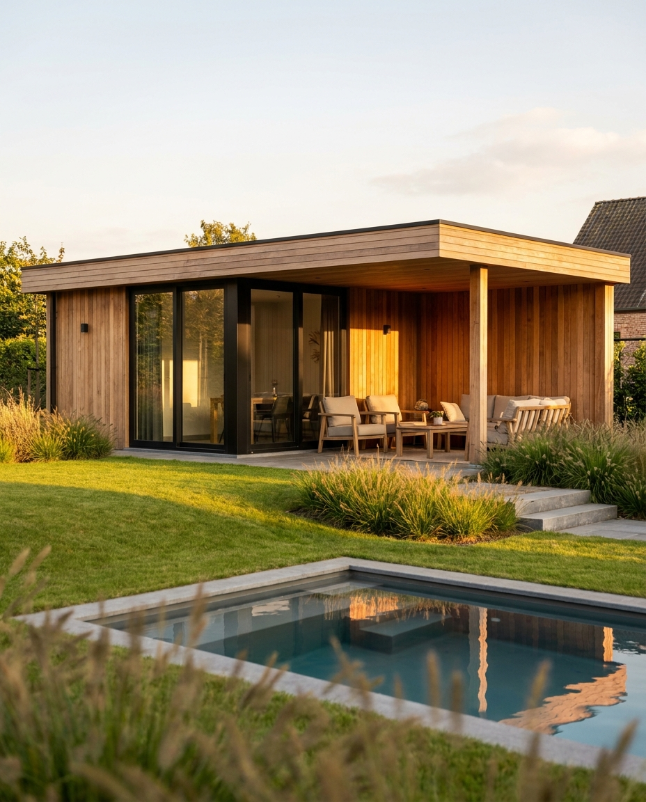 Moderne houten poolhouse met zwembad bij avondlicht
